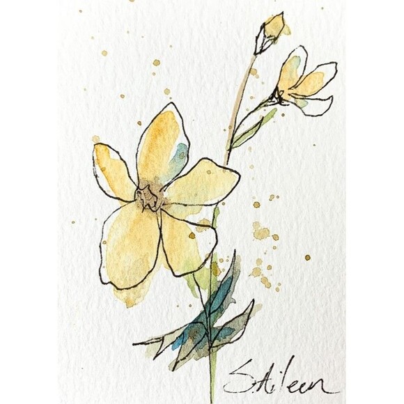 Other - ACEO Painting Watercolor Ink Yellow Flower Green Botanical Minimalist II Signed